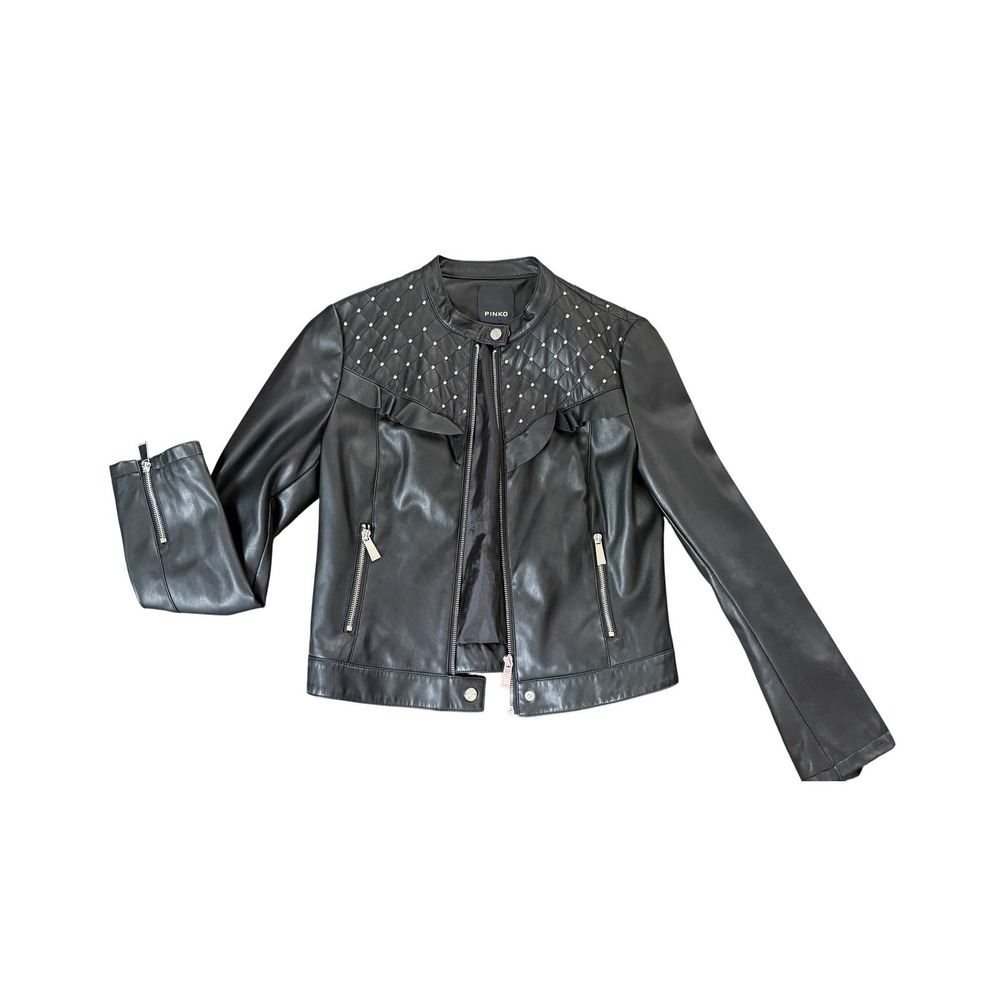 Pinko Faux Leather Studded Quilted Ruffle Moto Jacket Edgy Rocker Euro Chic 8